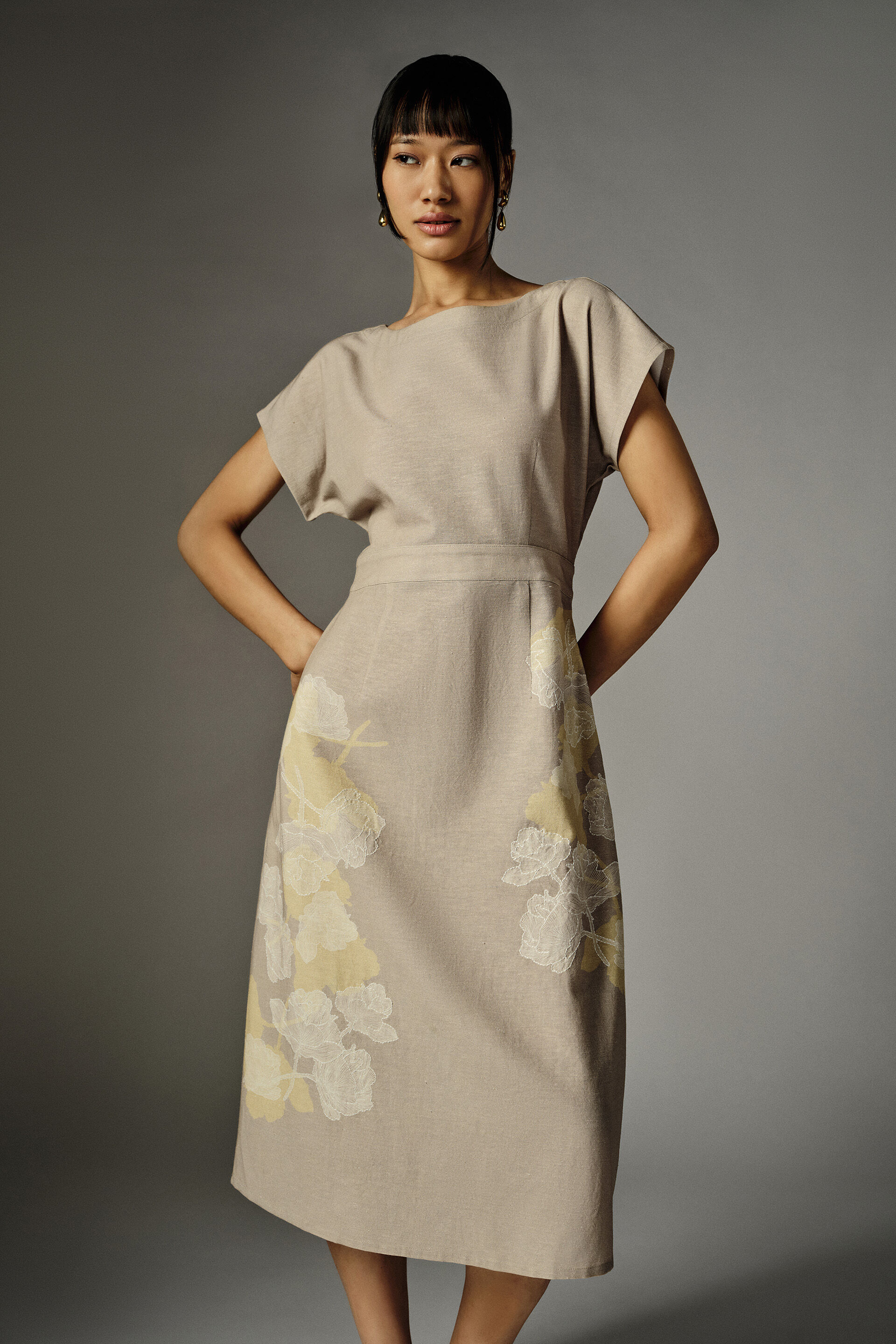 Nathalie Beige Embroidered Dress, Beige, image 1
